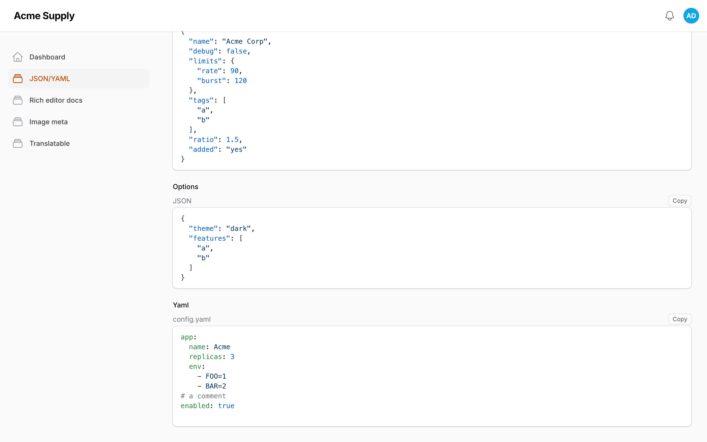 Read-only entries with collapse and copy