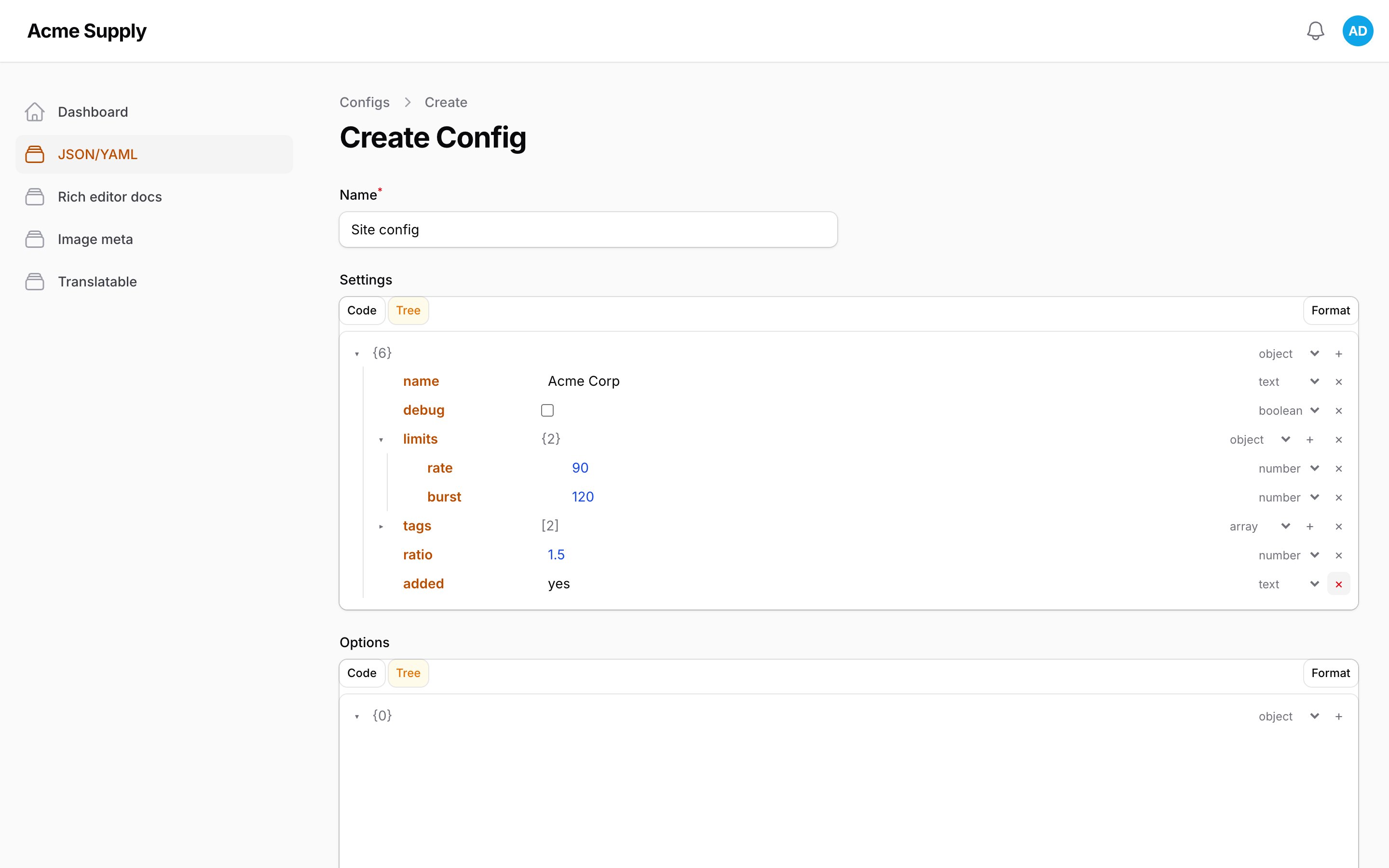 JSON tree view with edit, add and remove