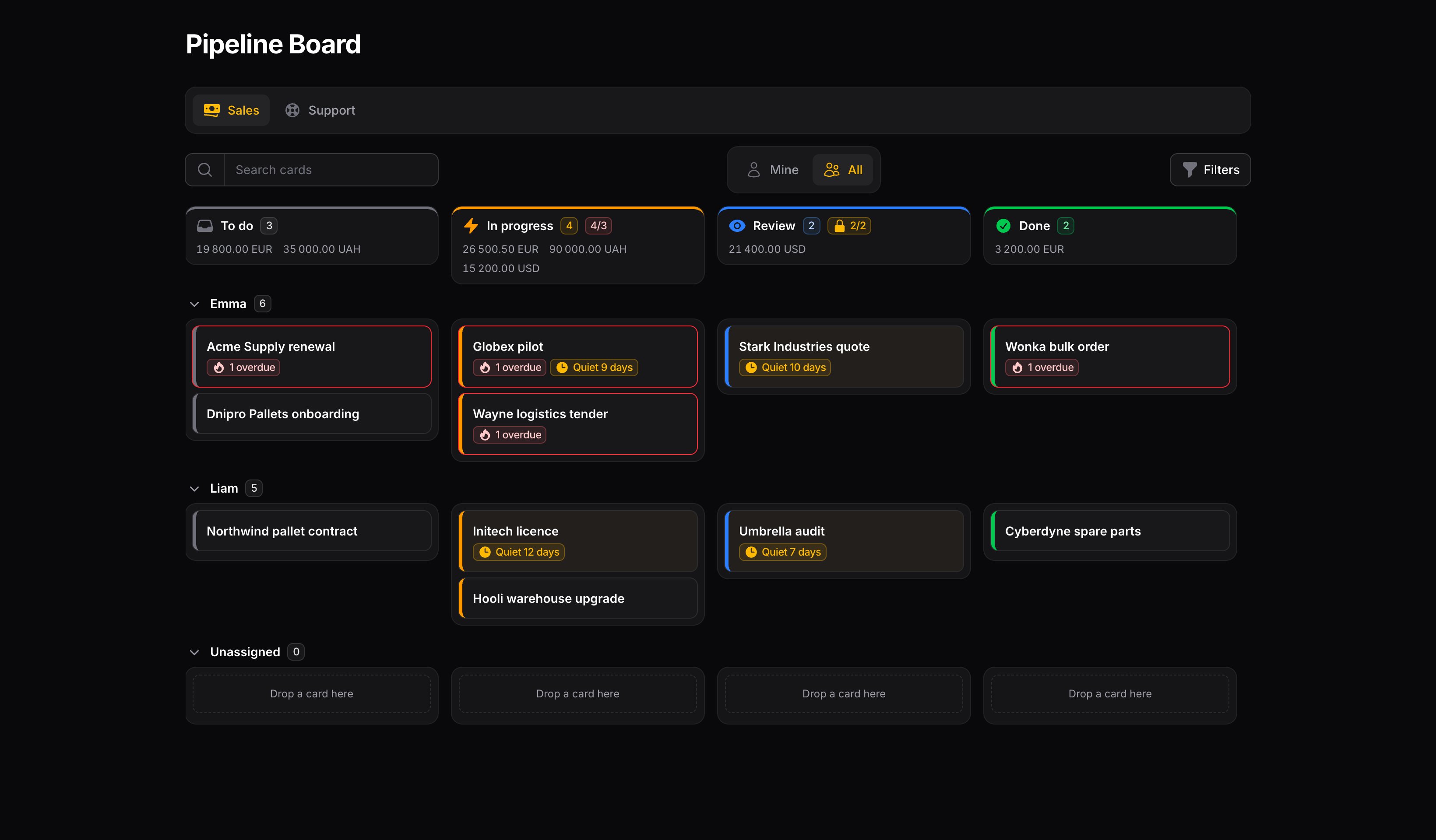 The pipeline board in dark mode
