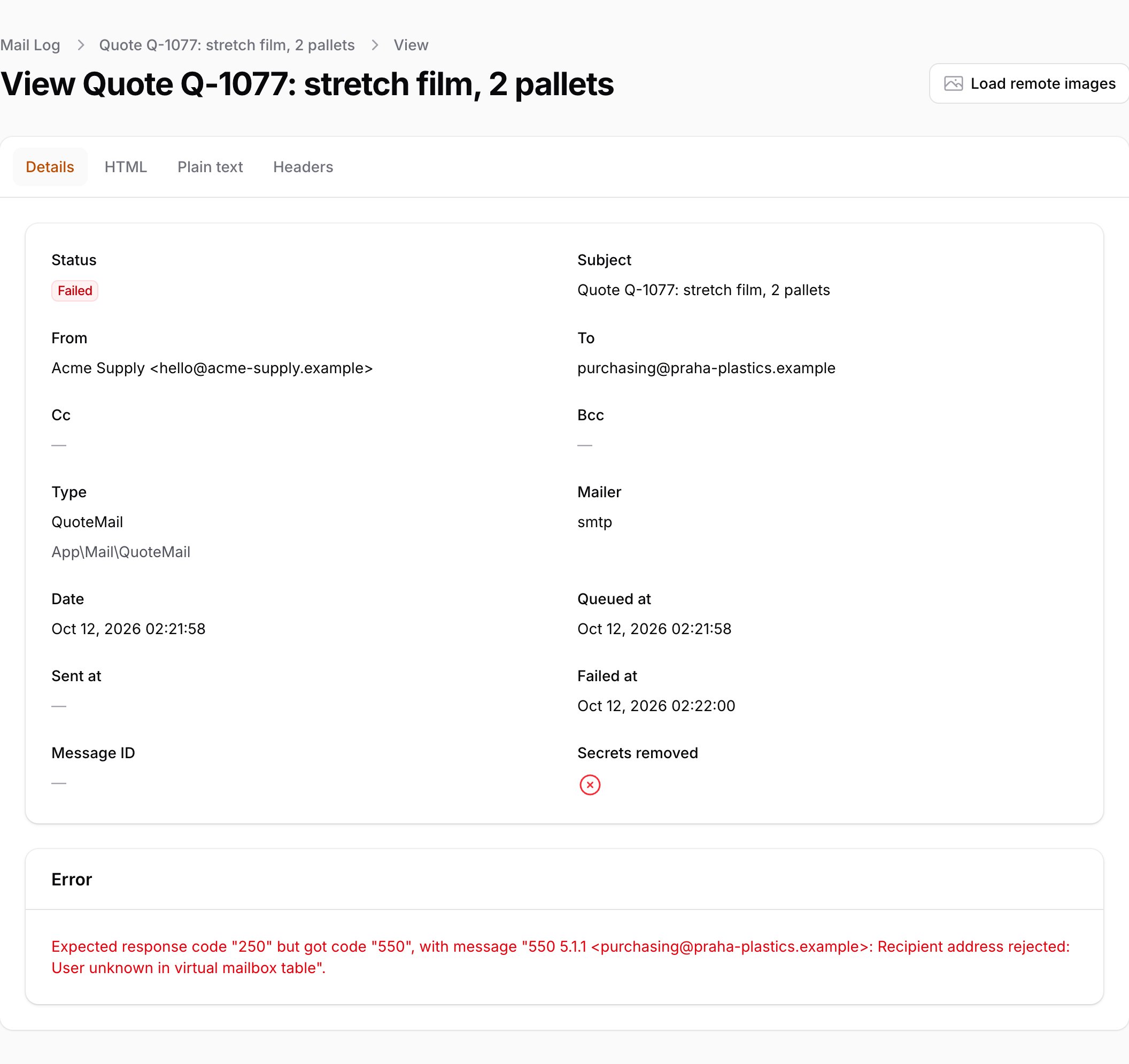 A failed message with the SMTP error