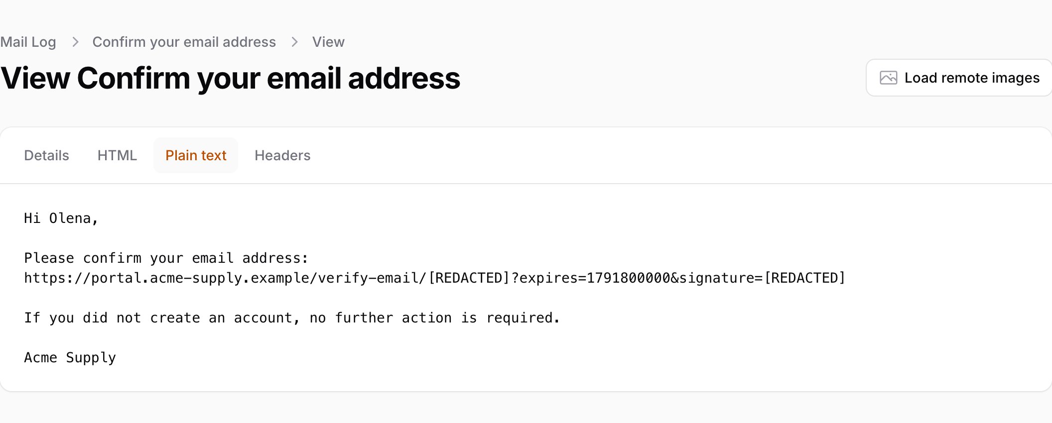 Plain text tab with a redacted signature and token