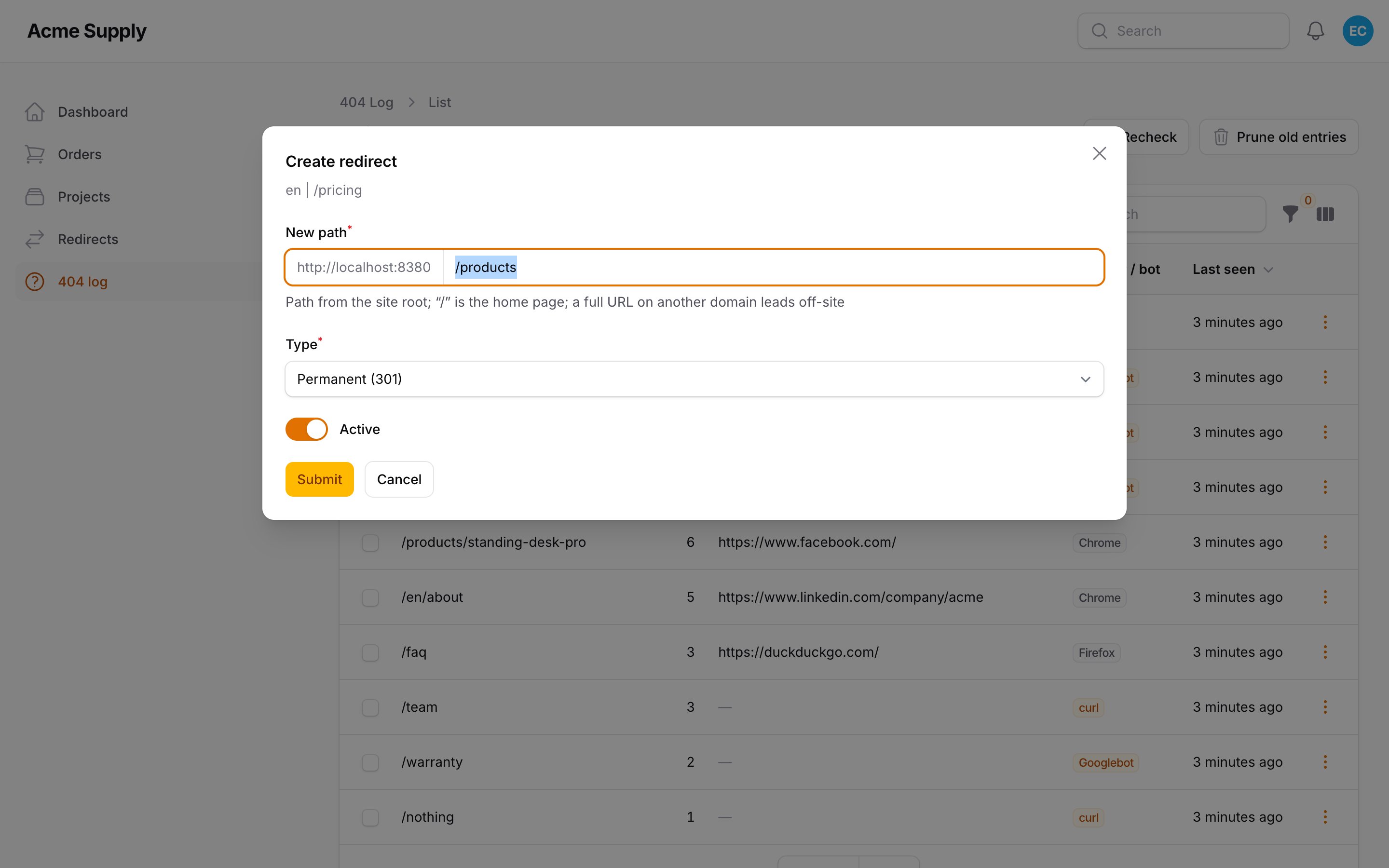 Create a redirect from a 404 row