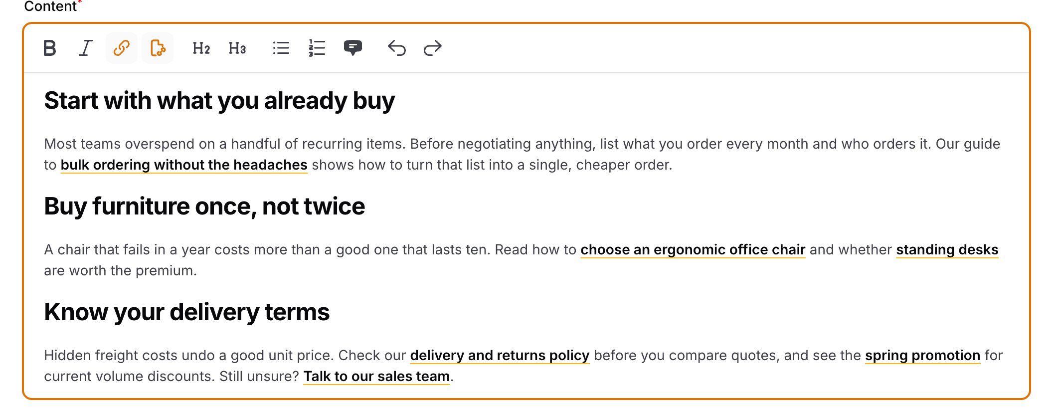 The editor toolbar with the internal link button active