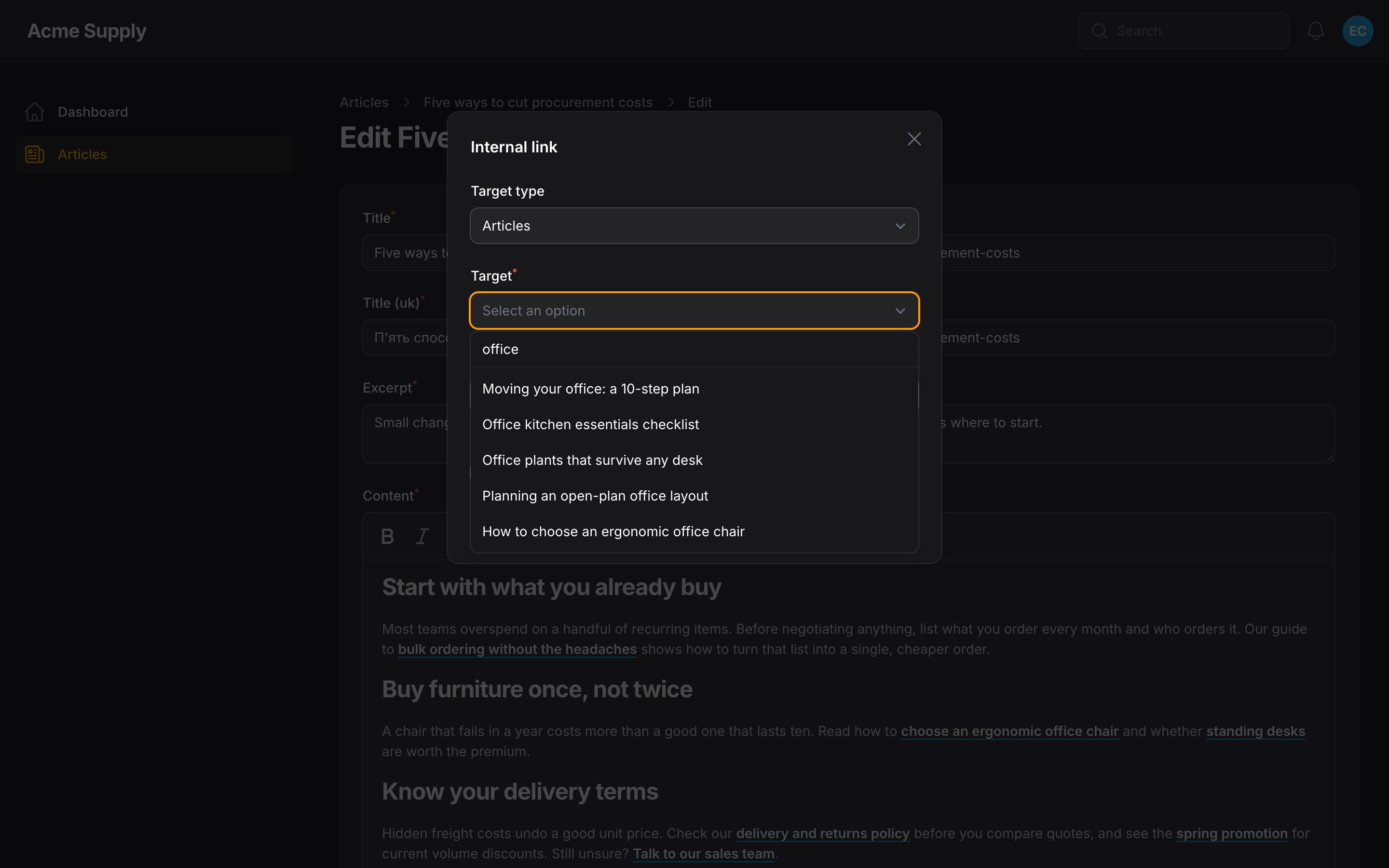 The internal link dialog in dark mode