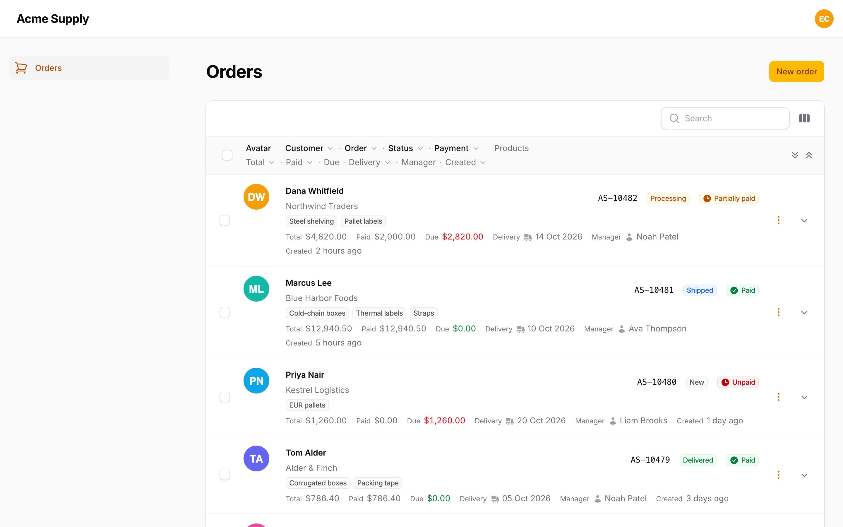 Orders as three-line records with an aside