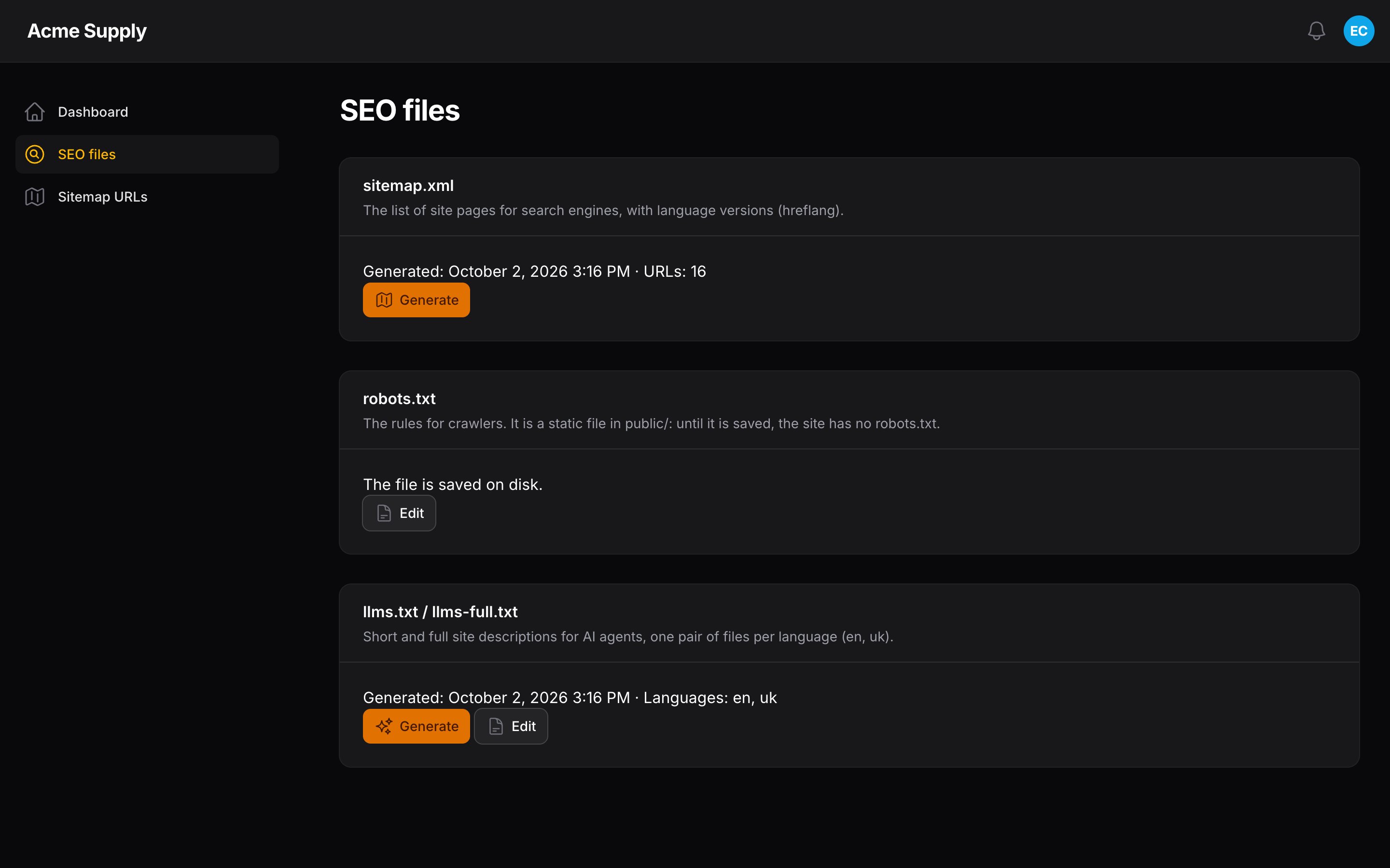 The SEO files page, dark mode