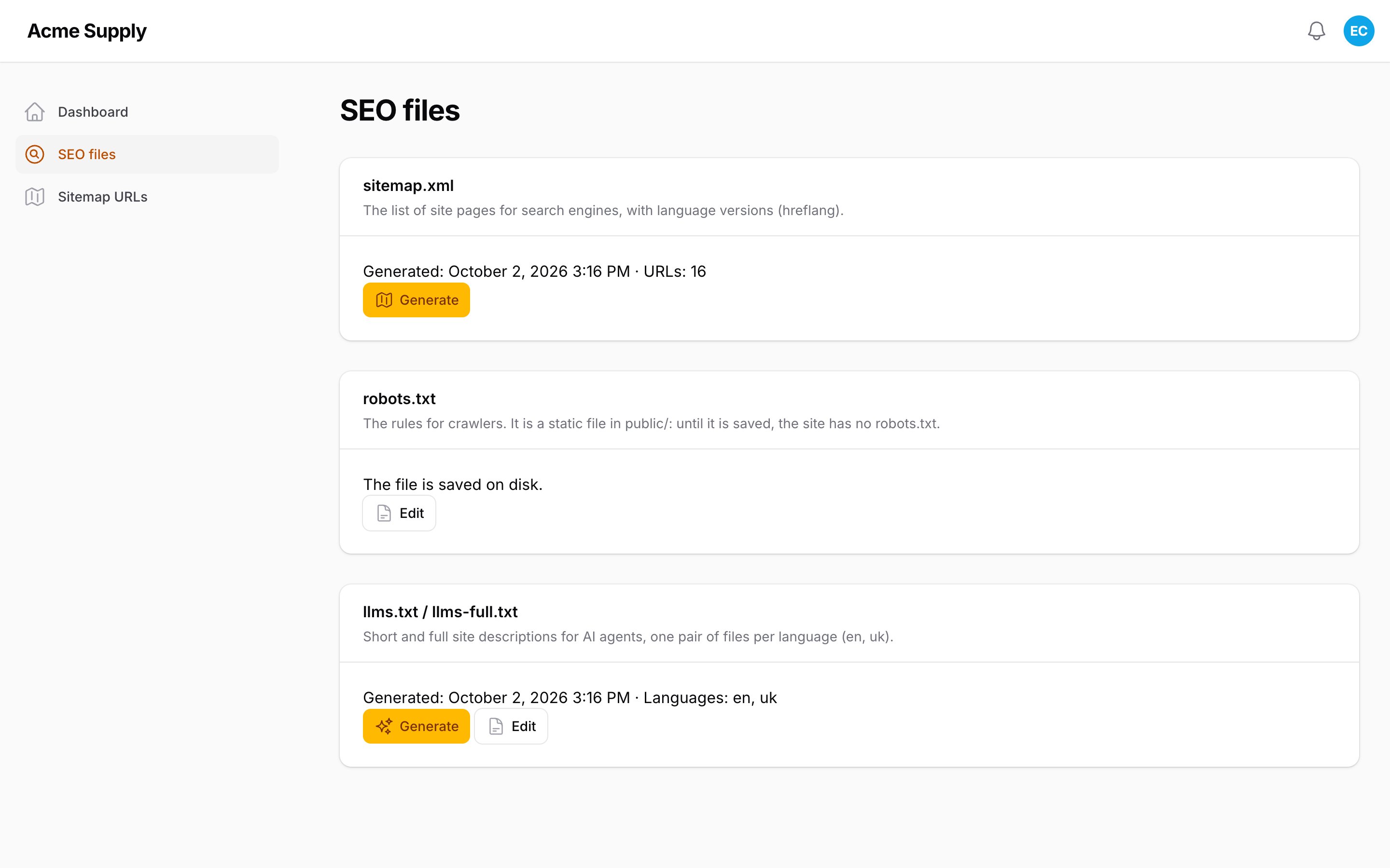 The SEO files page