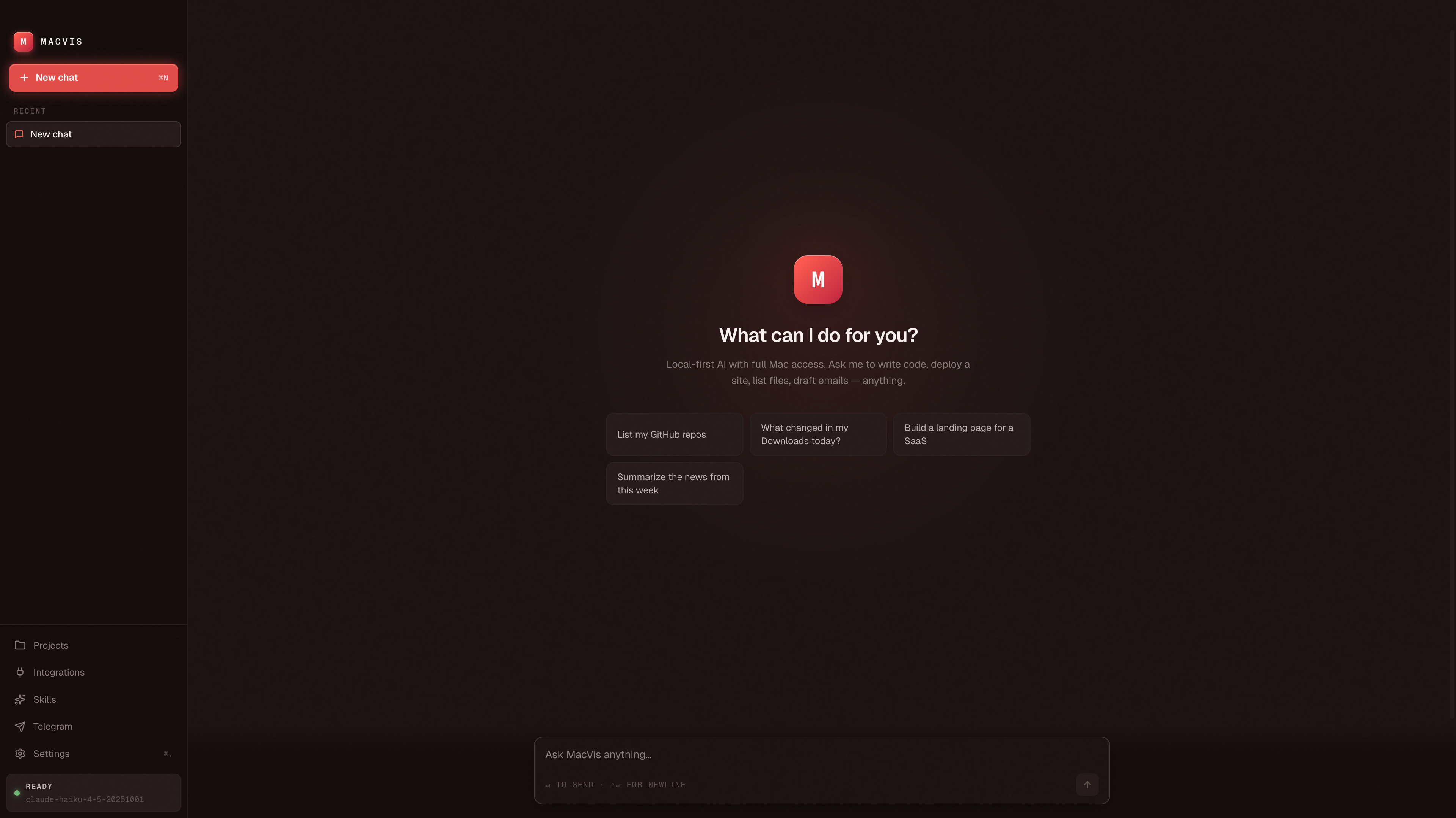 MacVis empty chat — bold logomark and quick-prompt chips