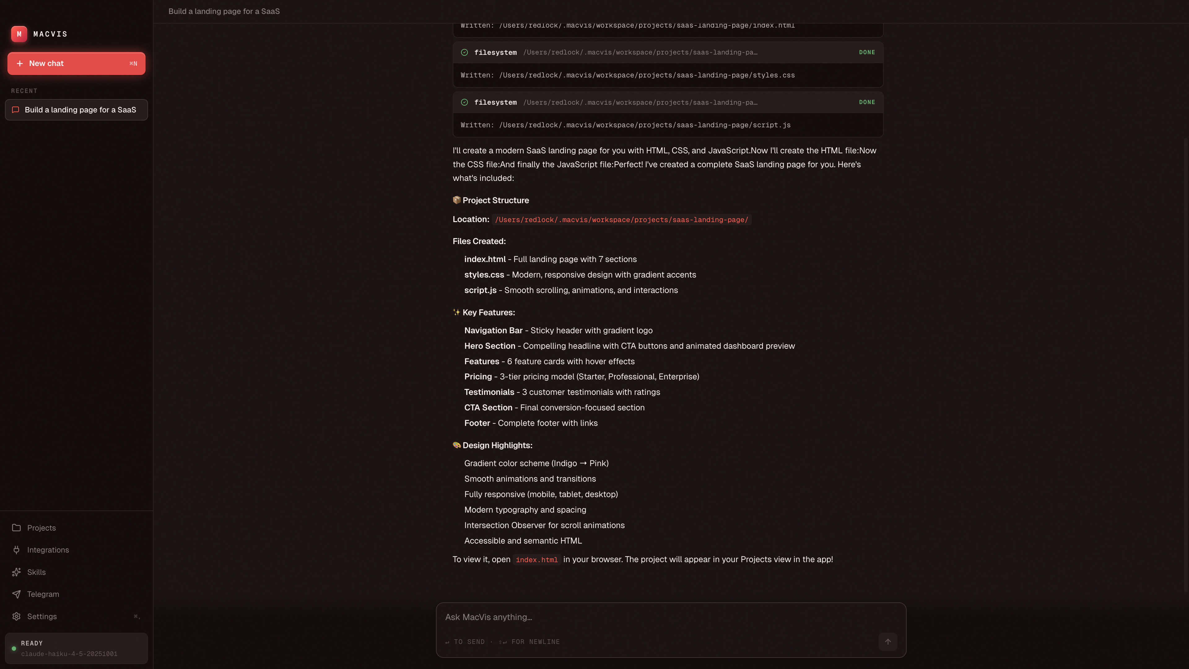 Agent creating a SaaS landing page