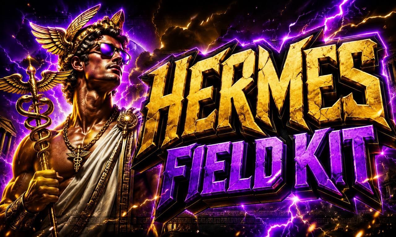 Hermes Field Kit banner featuring Hermes with gold and purple lightning
