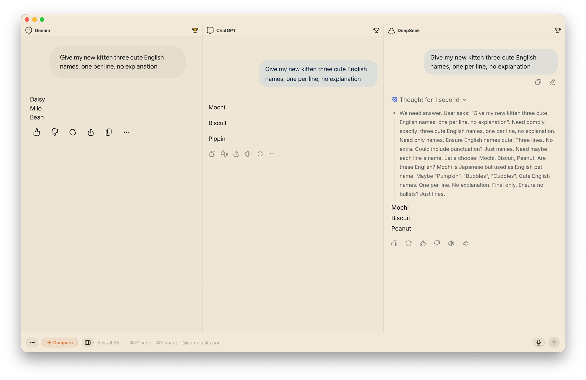 Gemini, ChatGPT and DeepSeek answering the same question side by side in Chorus
