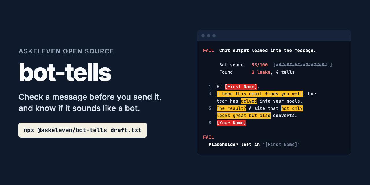 bot-tells: check a message before you send it, and know if it sounds like a bot