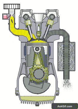 Detailed view of a complex engine's internal mechanics in action.