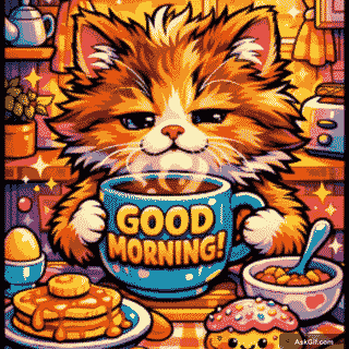 Cute cat enjoying a cozy breakfast with coffee and pancakes.
