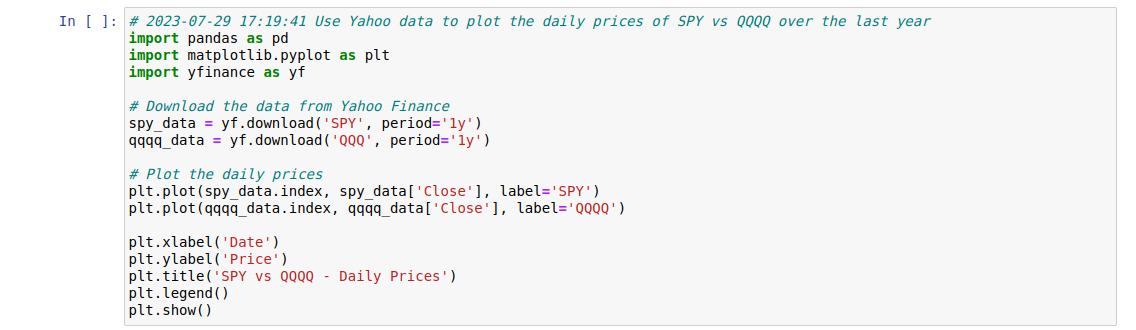 Image showing code to plot SPY vs QQQQ