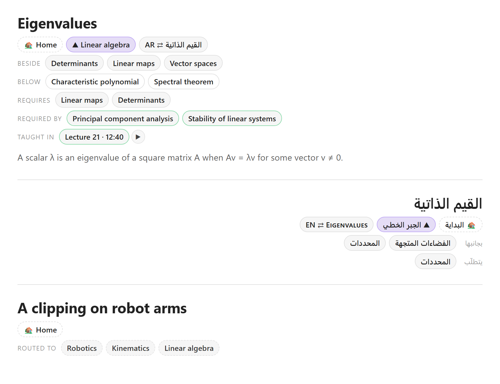 Three notes with their relatives: a concept, its Arabic counterpart drawn right to left, and a clipping with no parent