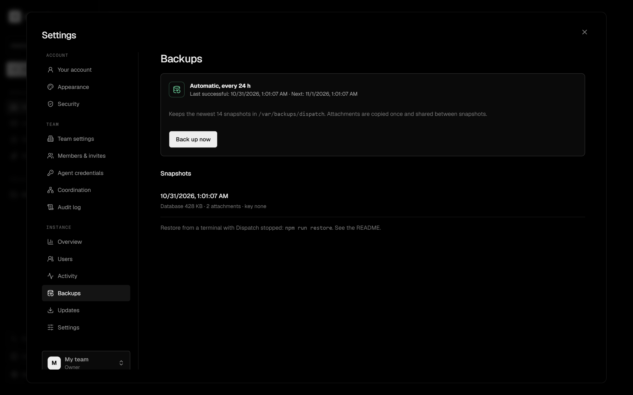 Backups page