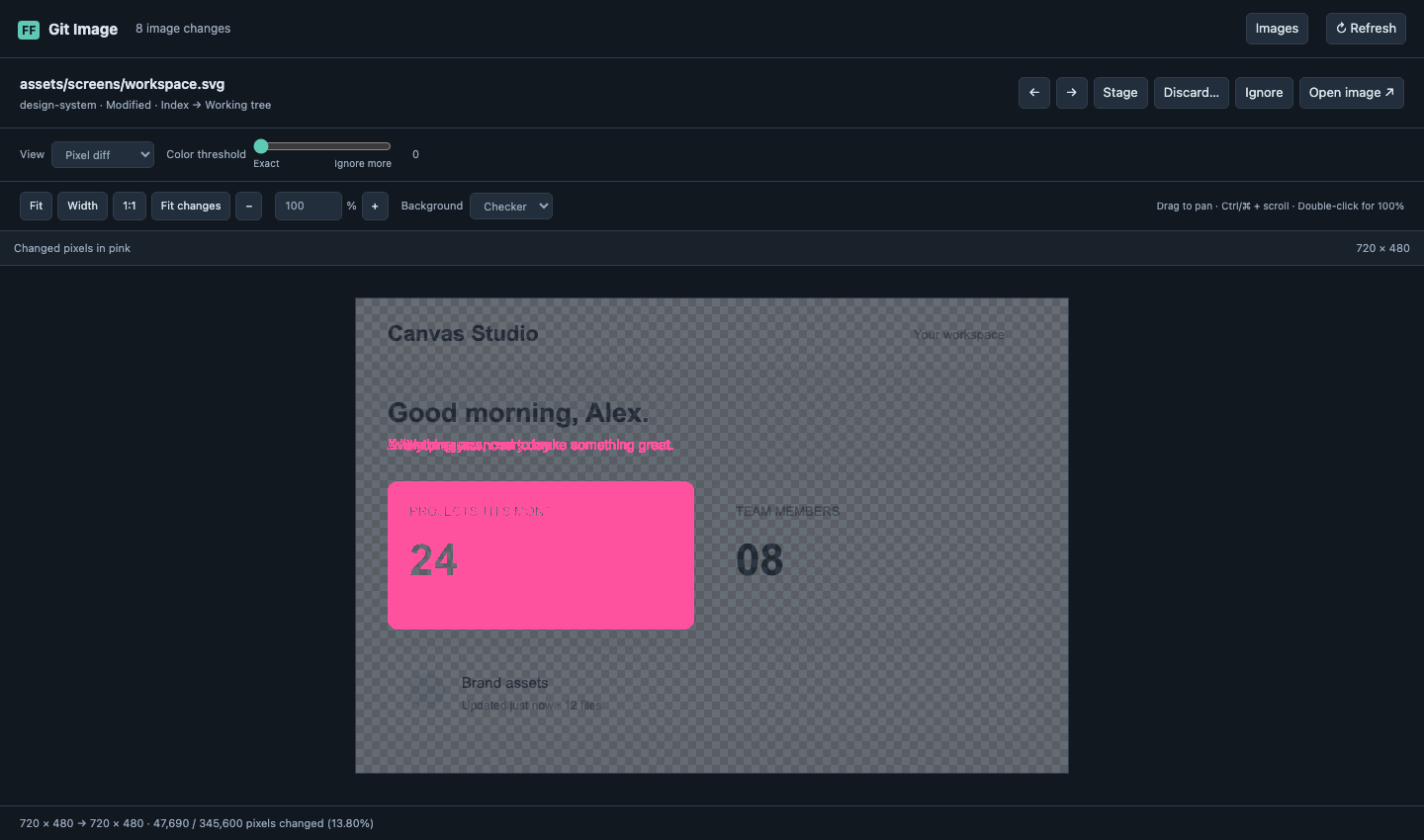 Pixel diff highlighting the changed card and subtitle in pink, with Color threshold set to Exact