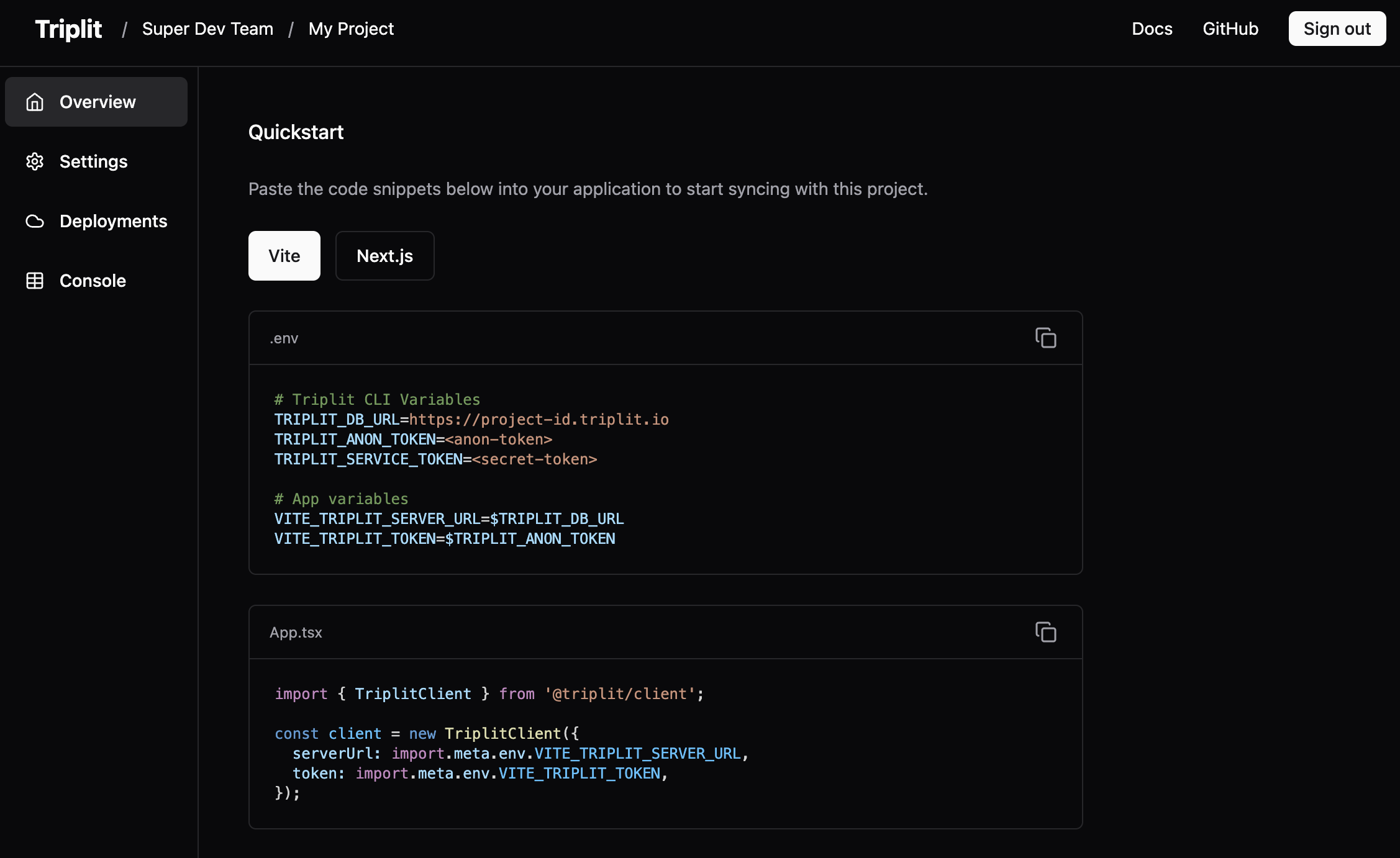 Triplit dashboard &mdash; project overview with deployments and machines