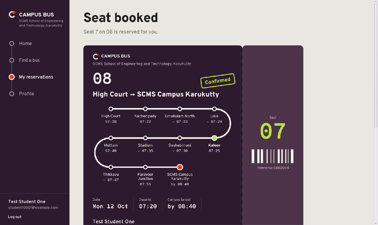 Campus Bus confirmed reservation pass