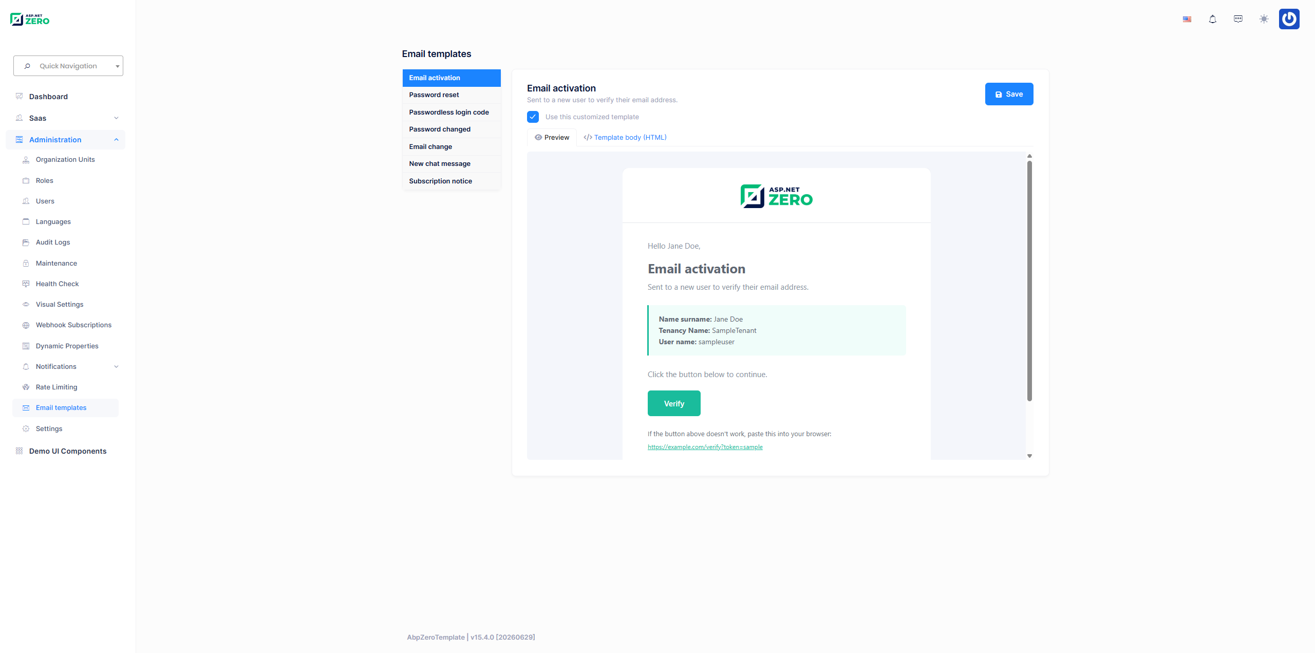 Email Templates page