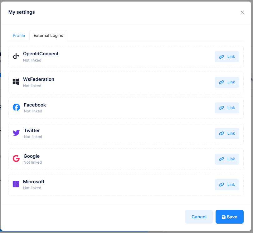 My Settings - External Logins Tab