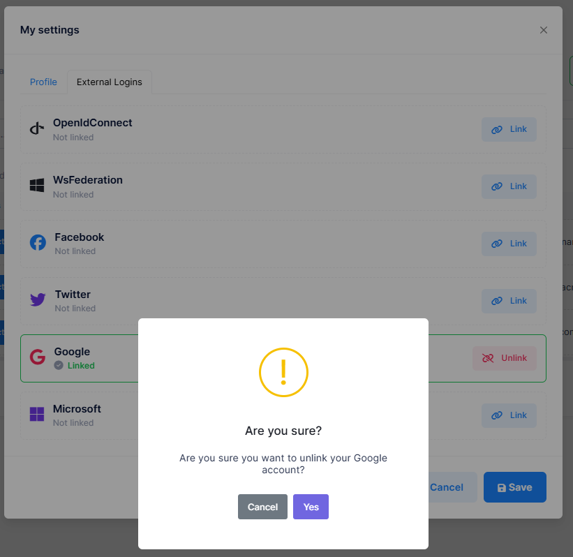 Unlink confirmation dialog