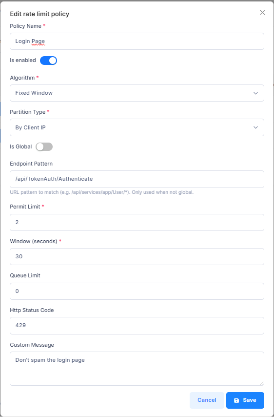 Create or Edit Rate Limit Policy