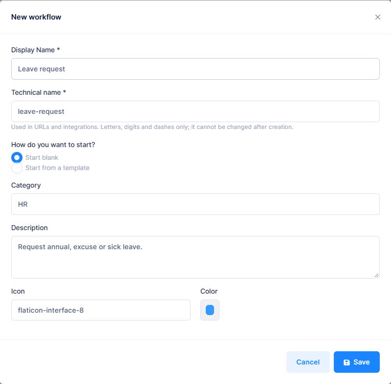 New workflow dialog