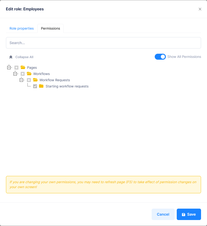 Permissions of the Employees role