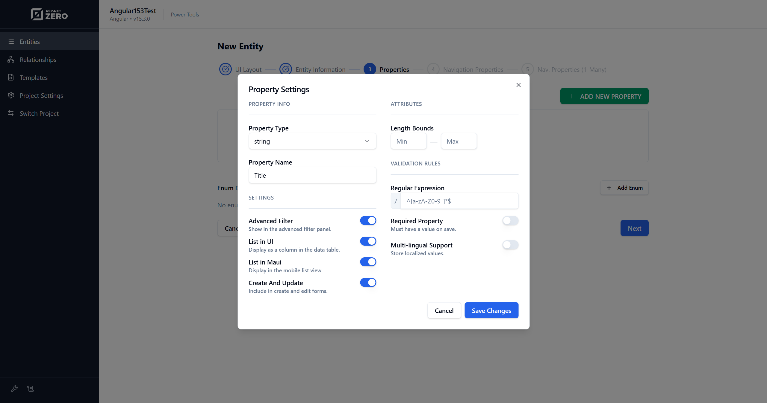 ASP.NET Zero Power Tools Entity Property