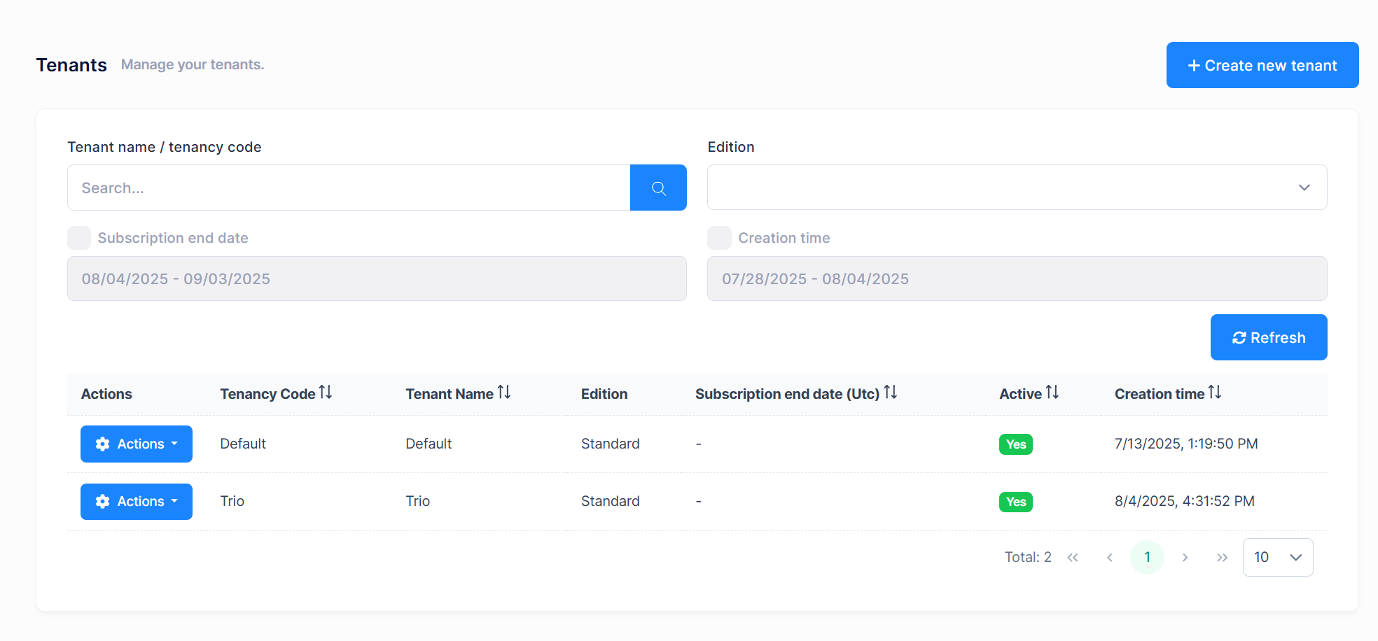 Tenant management page