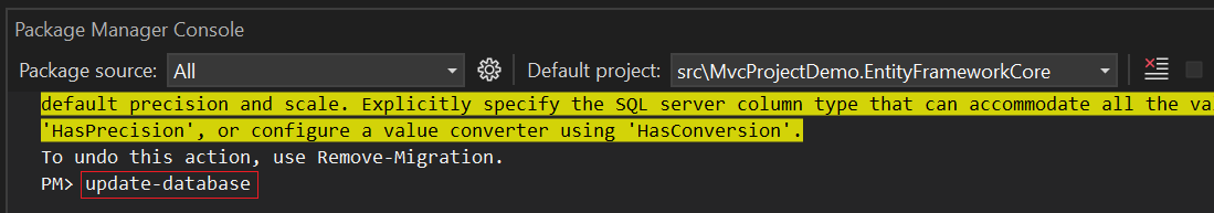 Update Database in Package Manager Console