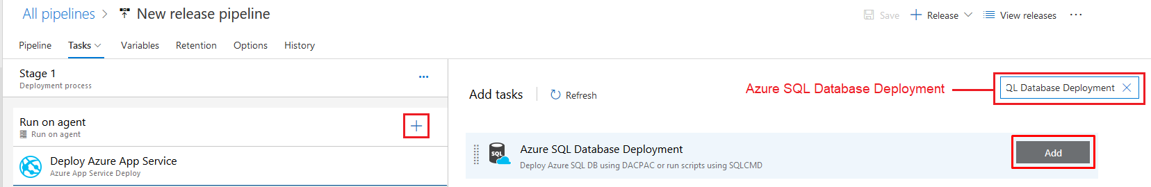 Add Azure SQL Database Deployment task