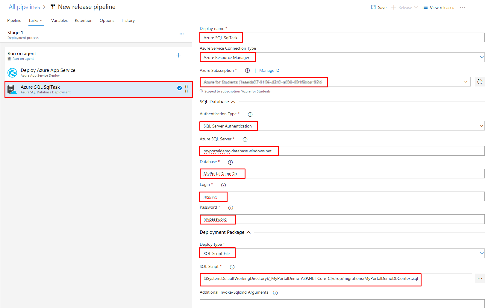 Azure SQL task