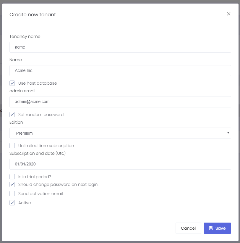 Tenant Creation Modal