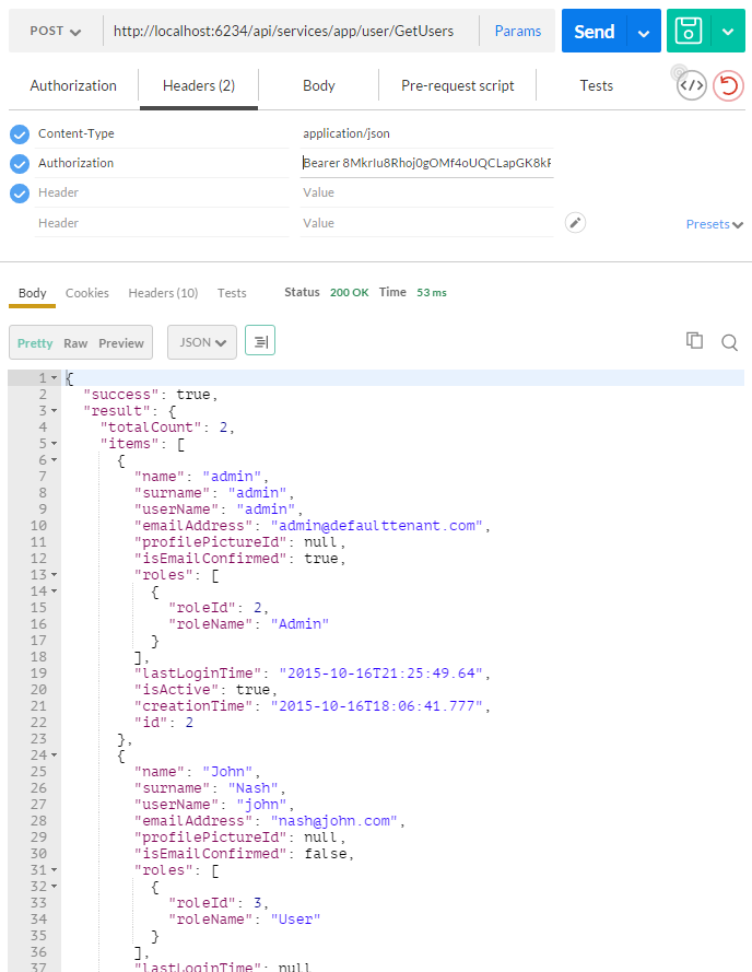 Using postman to get users