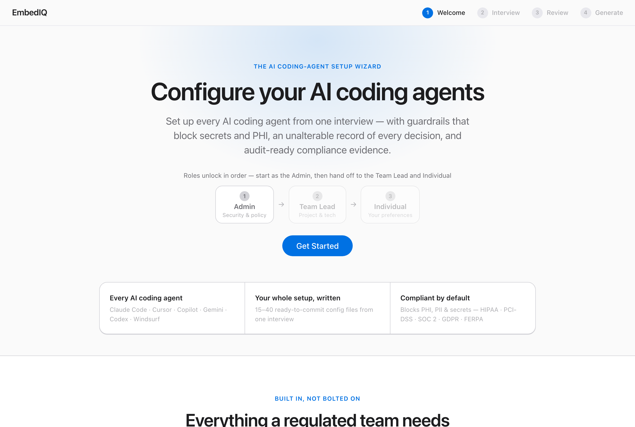 EmbedIQ welcome screen with the Admin → Team Lead → Individual handoff: the Admin step active, Team Lead and Individual locked