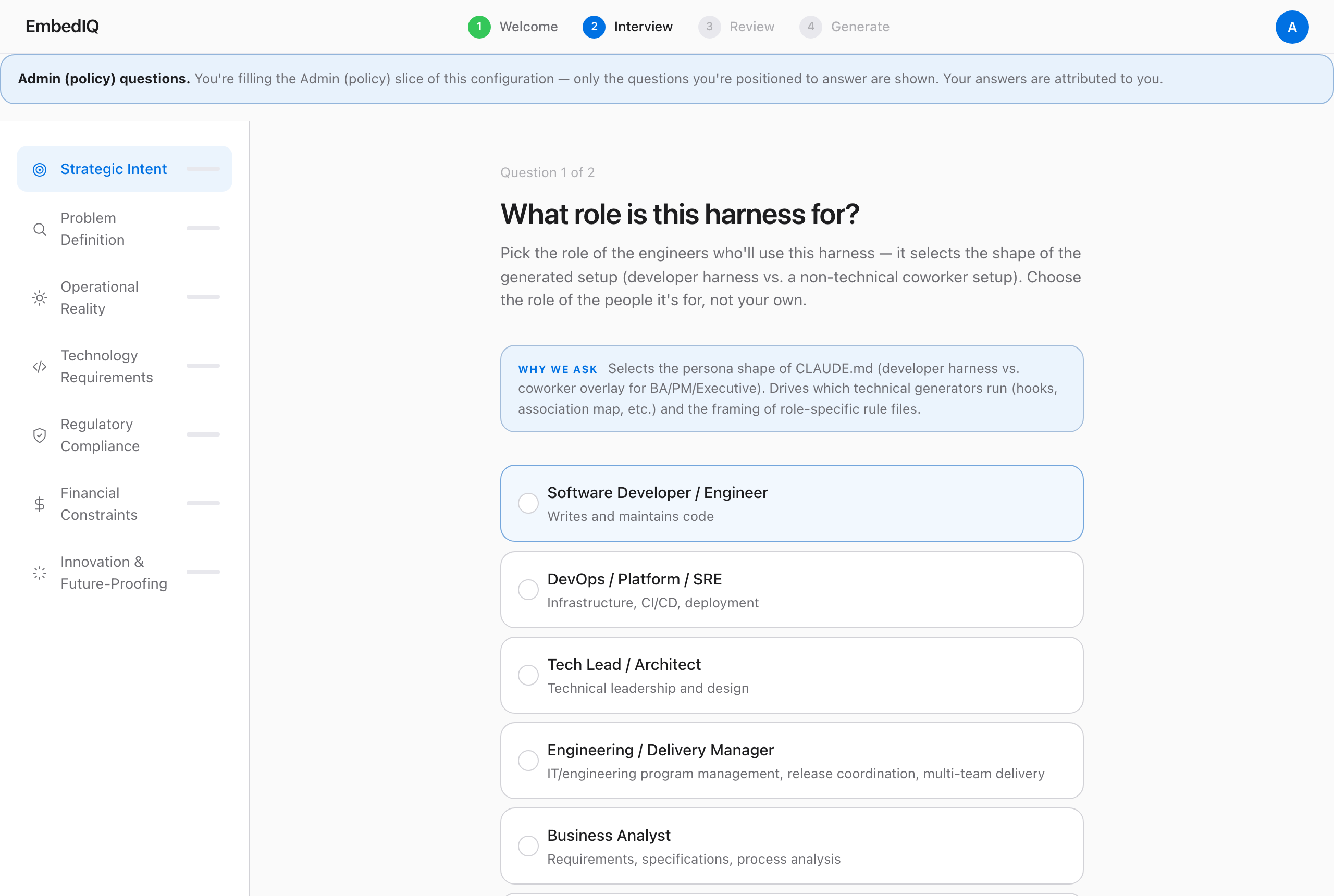 The EmbedIQ interview scoped to the Admin slice — dimensions sidebar, a role question with help text and the "why we ask" panel