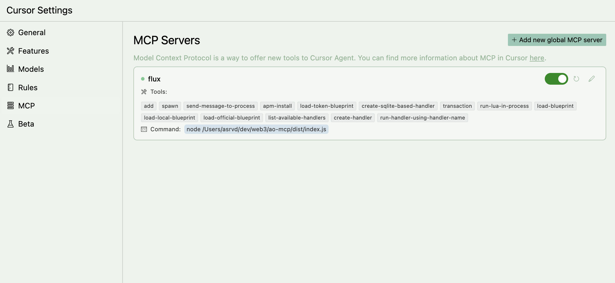 Flux MCP loaded in Cursor