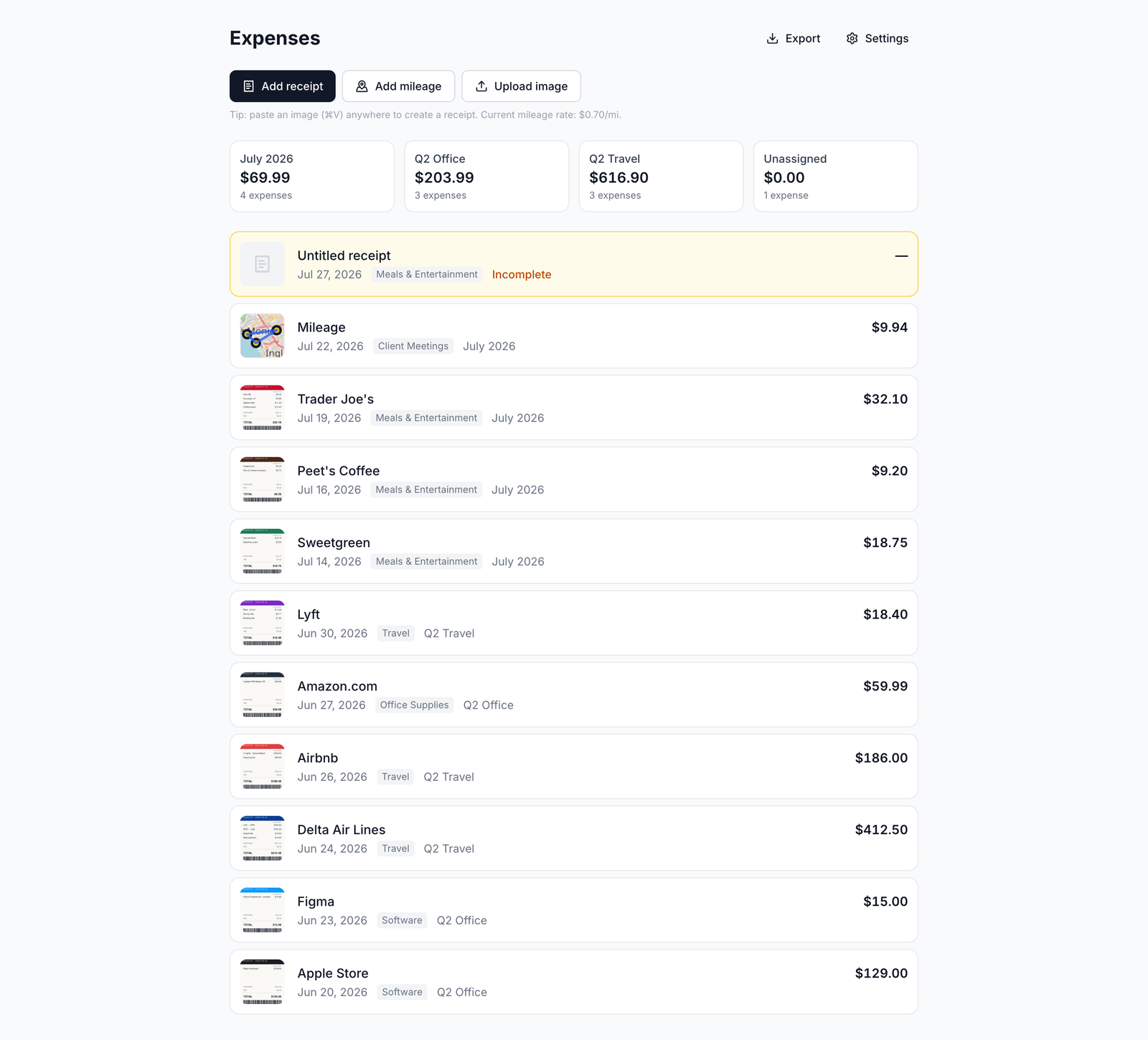 Expense list — reports, receipts, and a mileage route