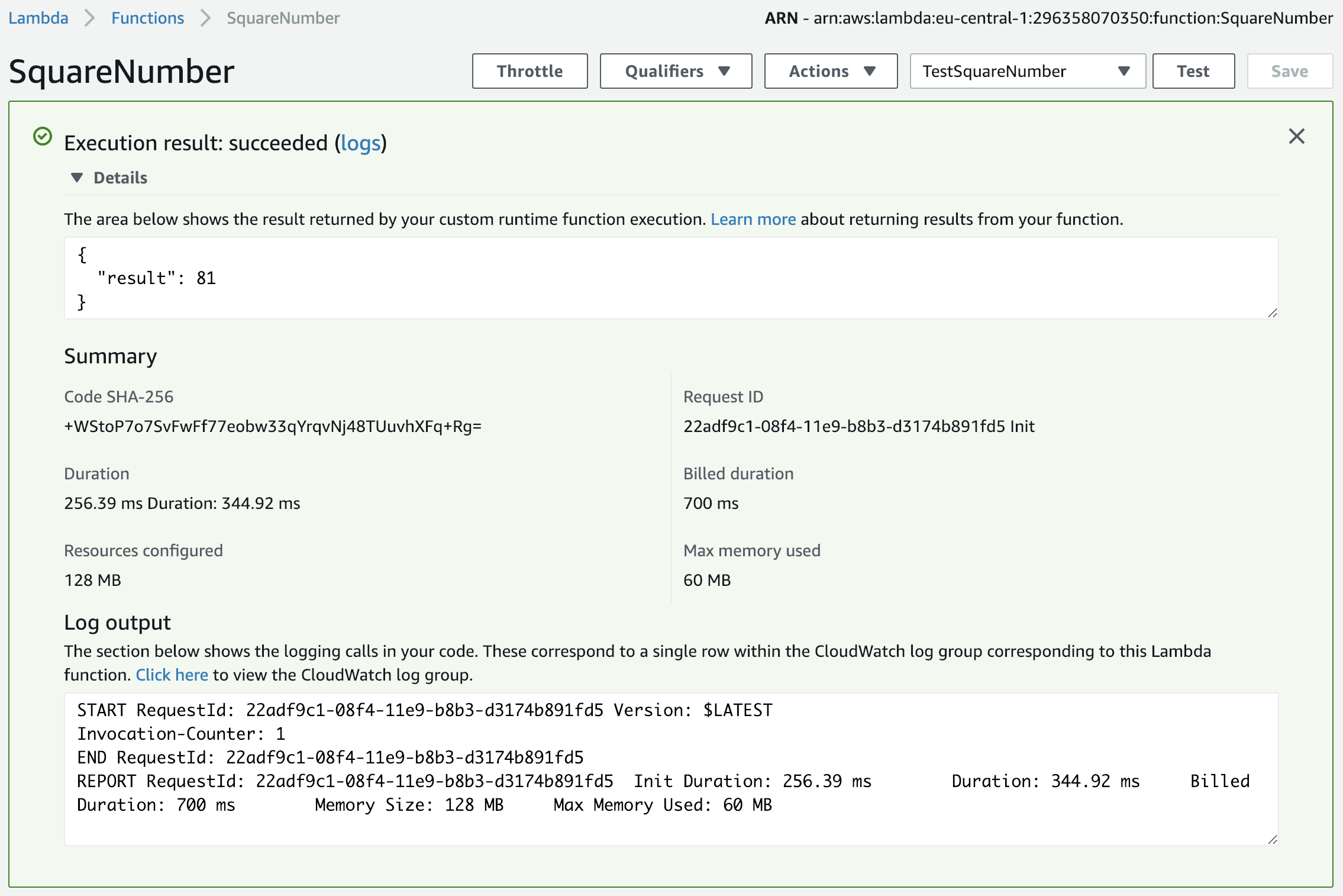 Successful lambda execution result