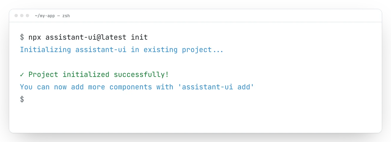Running npx assistant-ui@latest init in a terminal