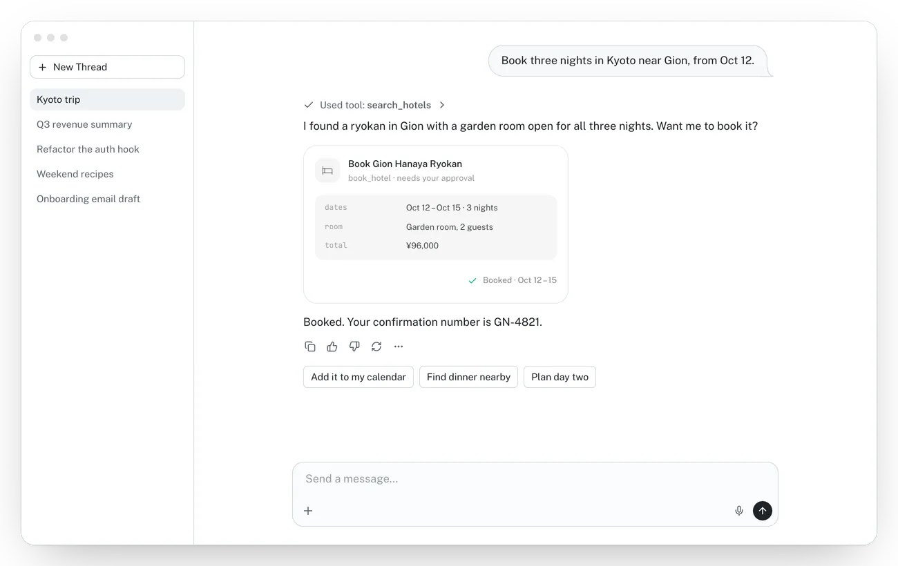 An assistant-ui chat: a hotel search tool call, a streamed reply, an approval card that the user allows, and follow-up suggestions