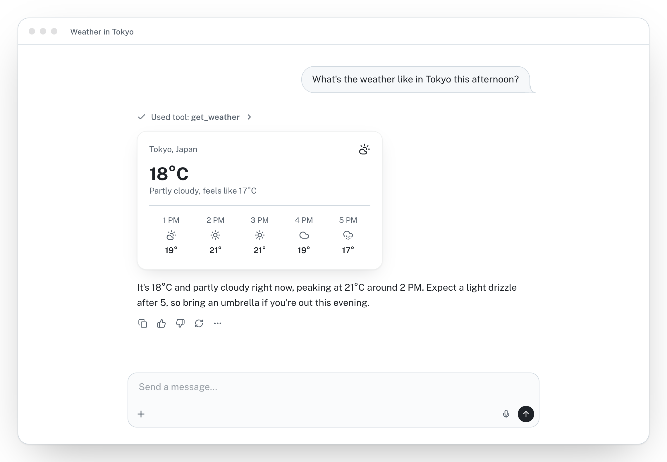 A get_weather tool call rendered as a weather card inside an assistant-ui chat