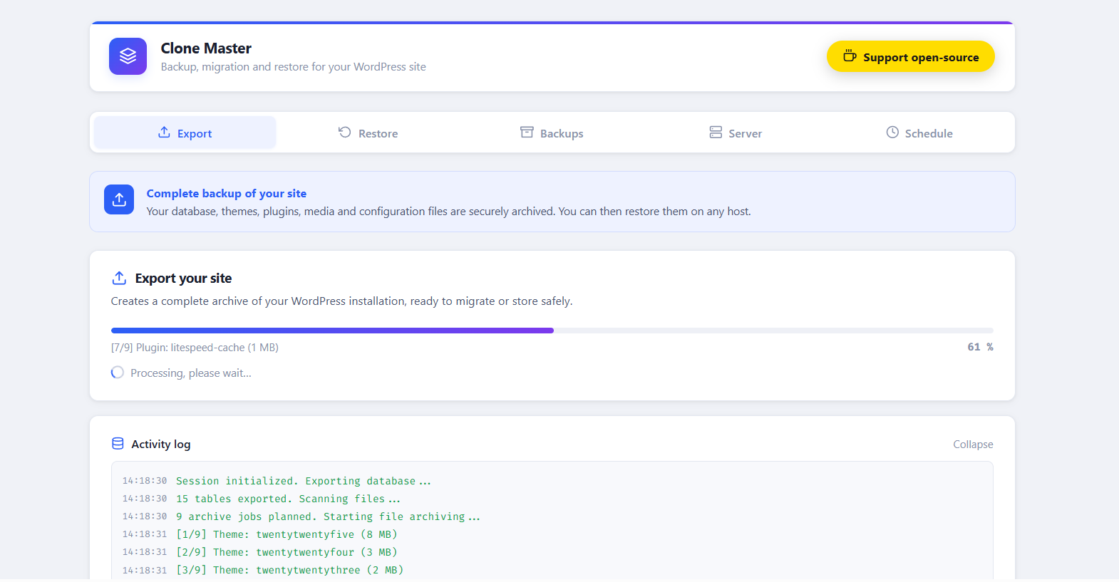 Interface de sauvegarde WordPress de Clone Master