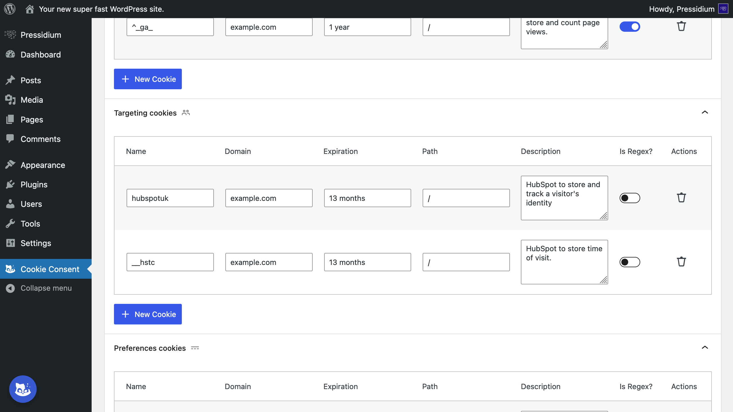 Cookie tables screenshot