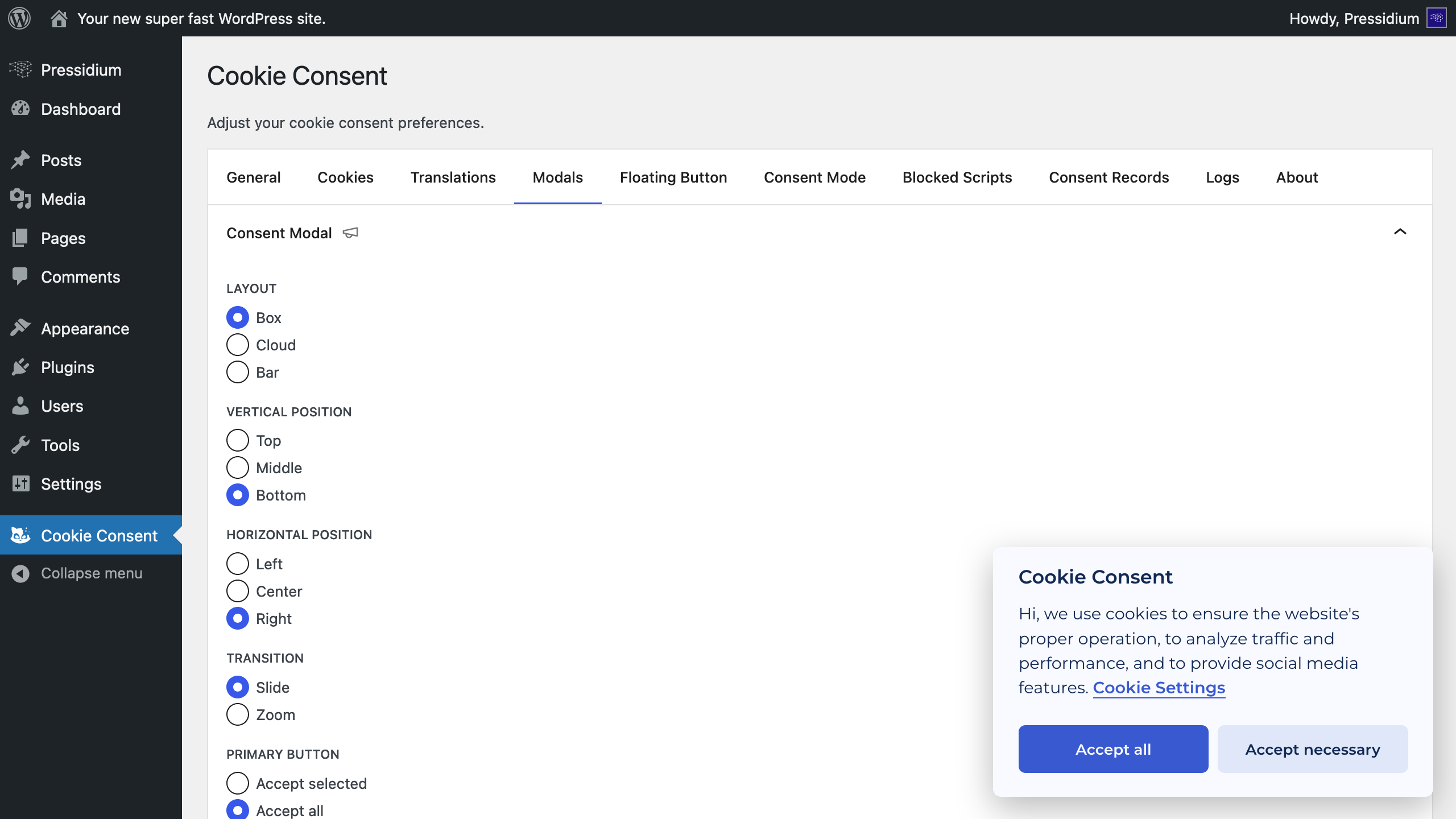 Cookie consent plugin screenshot