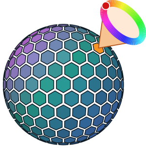 s2conv logo - a hexagon-tiled sphere with the fibre of frames over one point, its rim coloured by phase