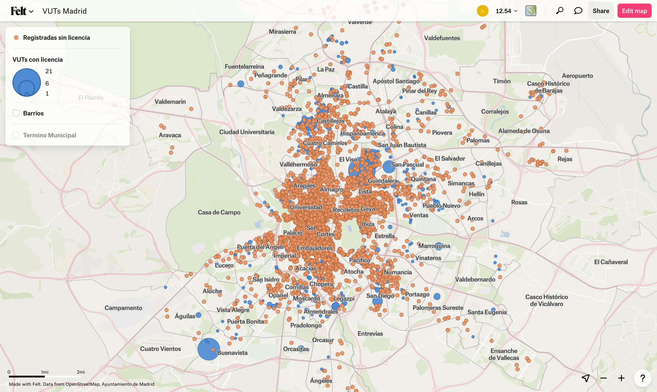 Mapa de viviendas turísticas de Madrid